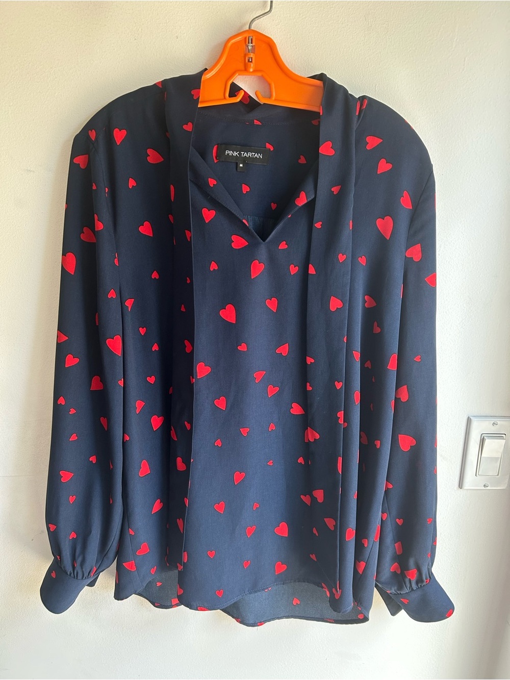 Pink Tartan navy with red hearts long sleeve blouse Size M